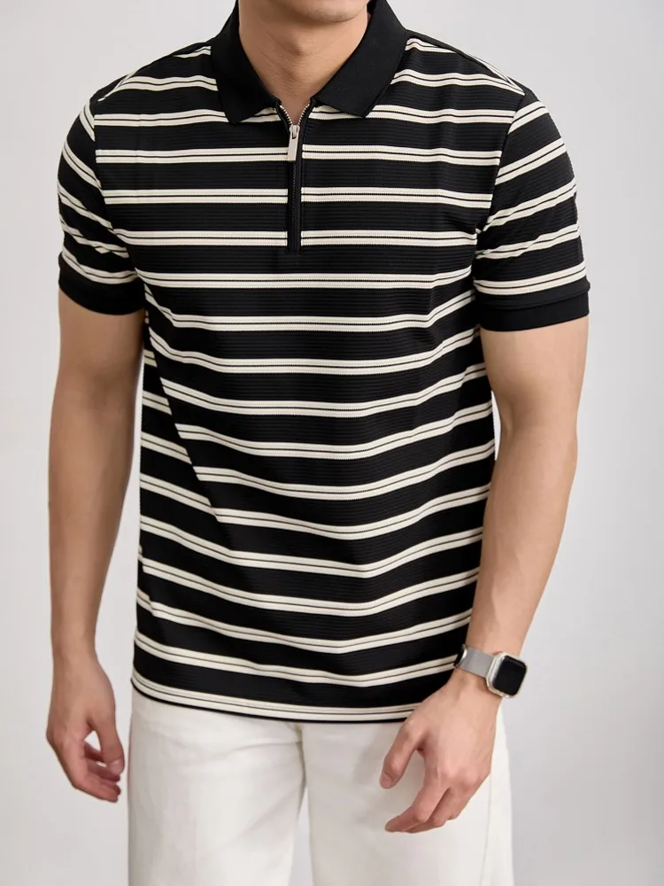 New Fashion Summer Men Breathable Knitted Tees Tops Short Sleeve Zip Lapel Collar Slim Fit Business Work Vintage Striped T-Shirt