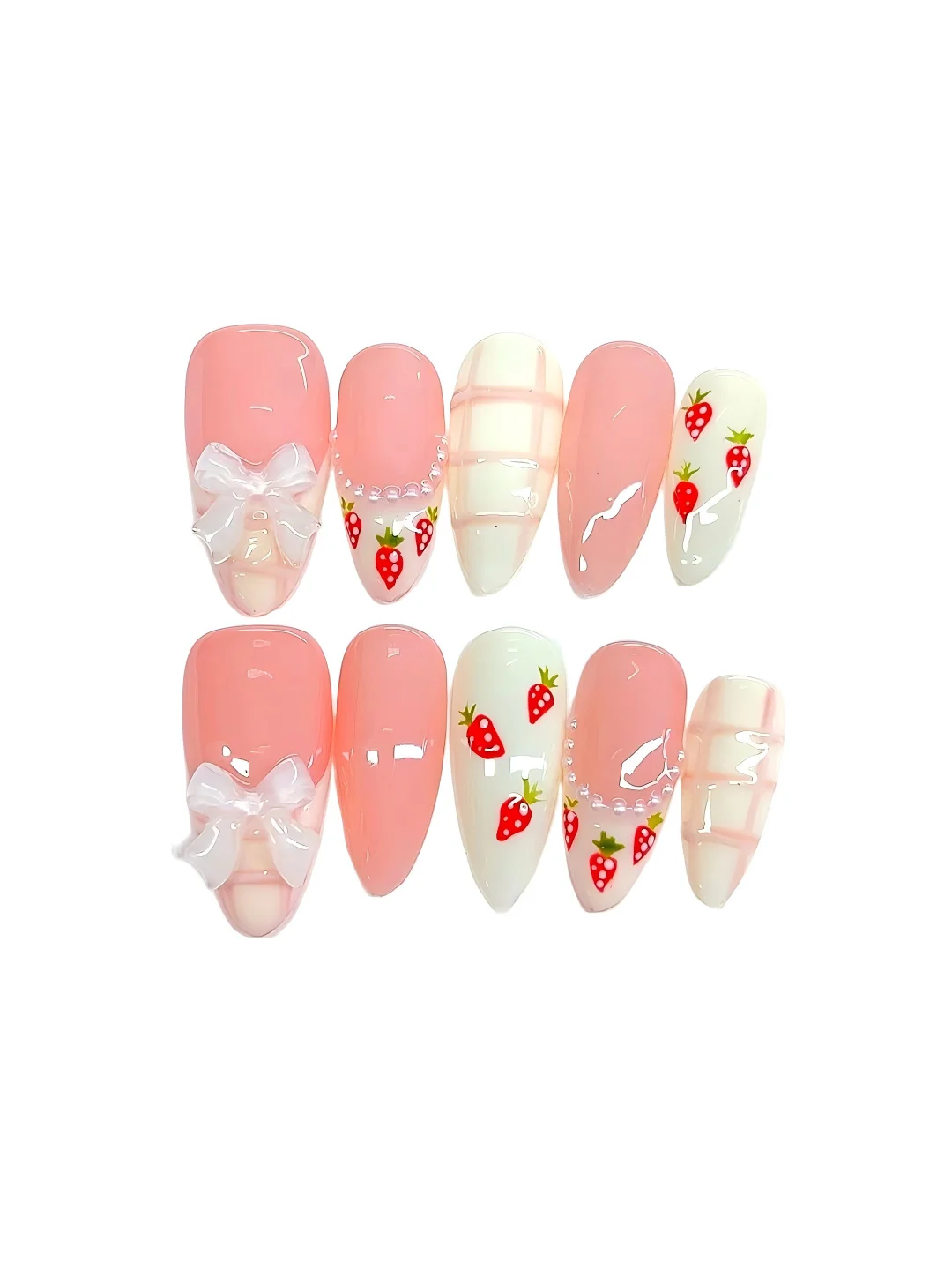 

Cute Strawberry Bow Plaid Press on Nails - Long Coffin False Nails for Women（C437-1）