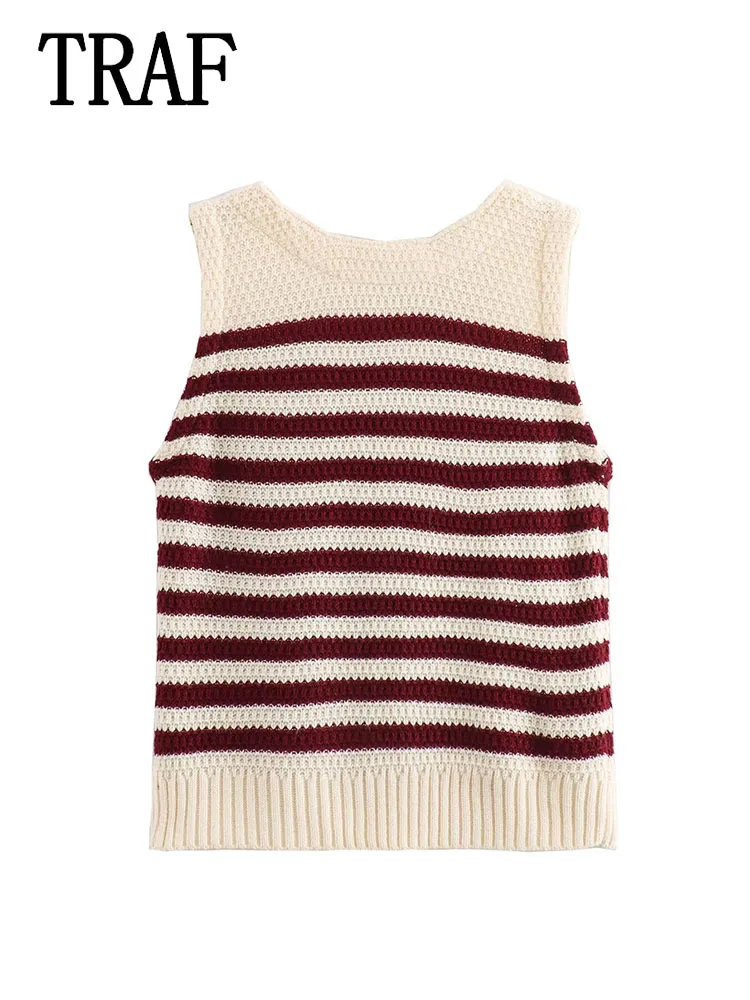 TRAF Women Knitted Vest Tops 2024 Summer New Fashion Metal Breasted Vests Women Elegant Chic striped Vest Tops