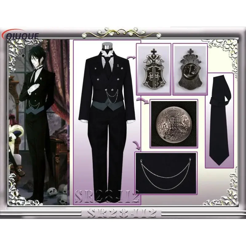 Black Butler Cosplay Japanese Anime Kuroshitsuji Sebastian Michaelis Cosplay Costume Unisex Uniforms 8 piece with Tattoo Sticker