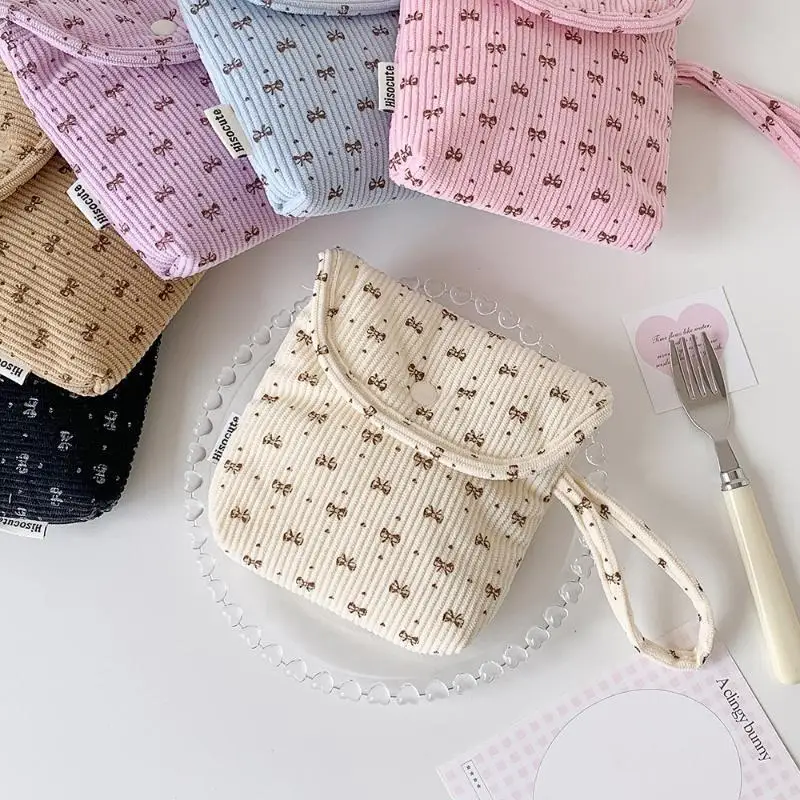 Corduroy Cute Storage Pouch Portable Bowknot Sanitary Pads Lipstick Cosmetic Bag for Girls School Travel Daily Use