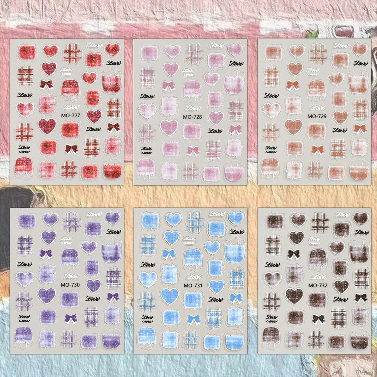 3/6/12장 가을 체크무늬 하트 네일 스티커 레드 핑크 브라운 블루 퍼플 러브 보우 5D 셀프 접착 네일 아트 데칼