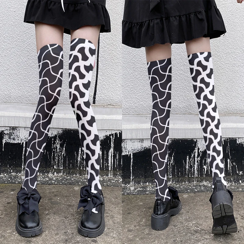 Simple Diamond-Shaped Grid Ladies Knee Stockings 3D Printing Fashion All-match Sexy Long Socks Pink Purple Girl Sweet Stockings