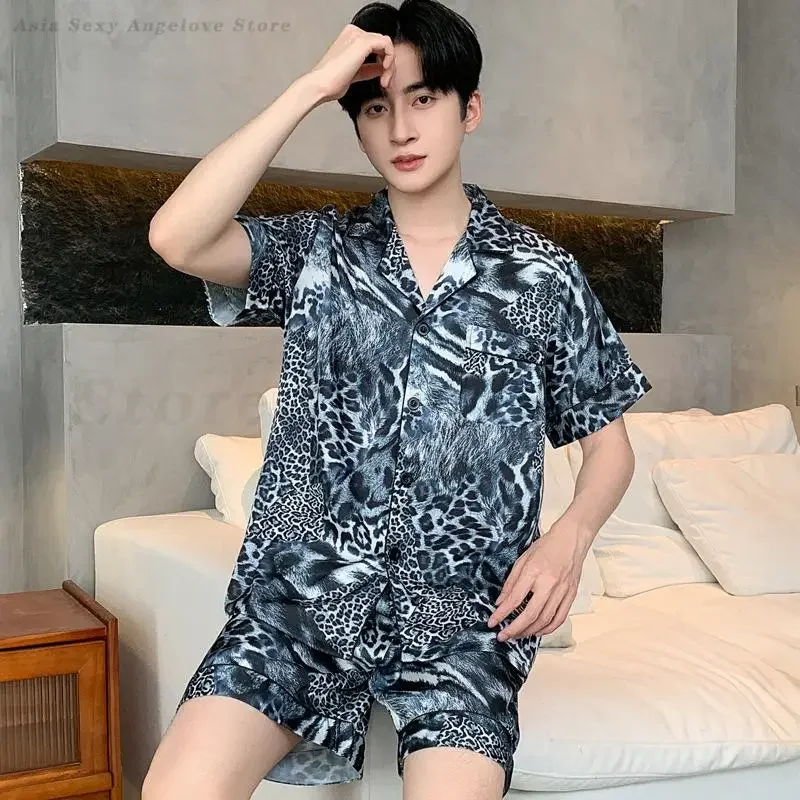 Ice Silk Leopard Print Pajamas Set Large Size 3XL Men's Satin Nightwear Shirt&Shorts Sleepwear Home Clothes Loose Loungewear