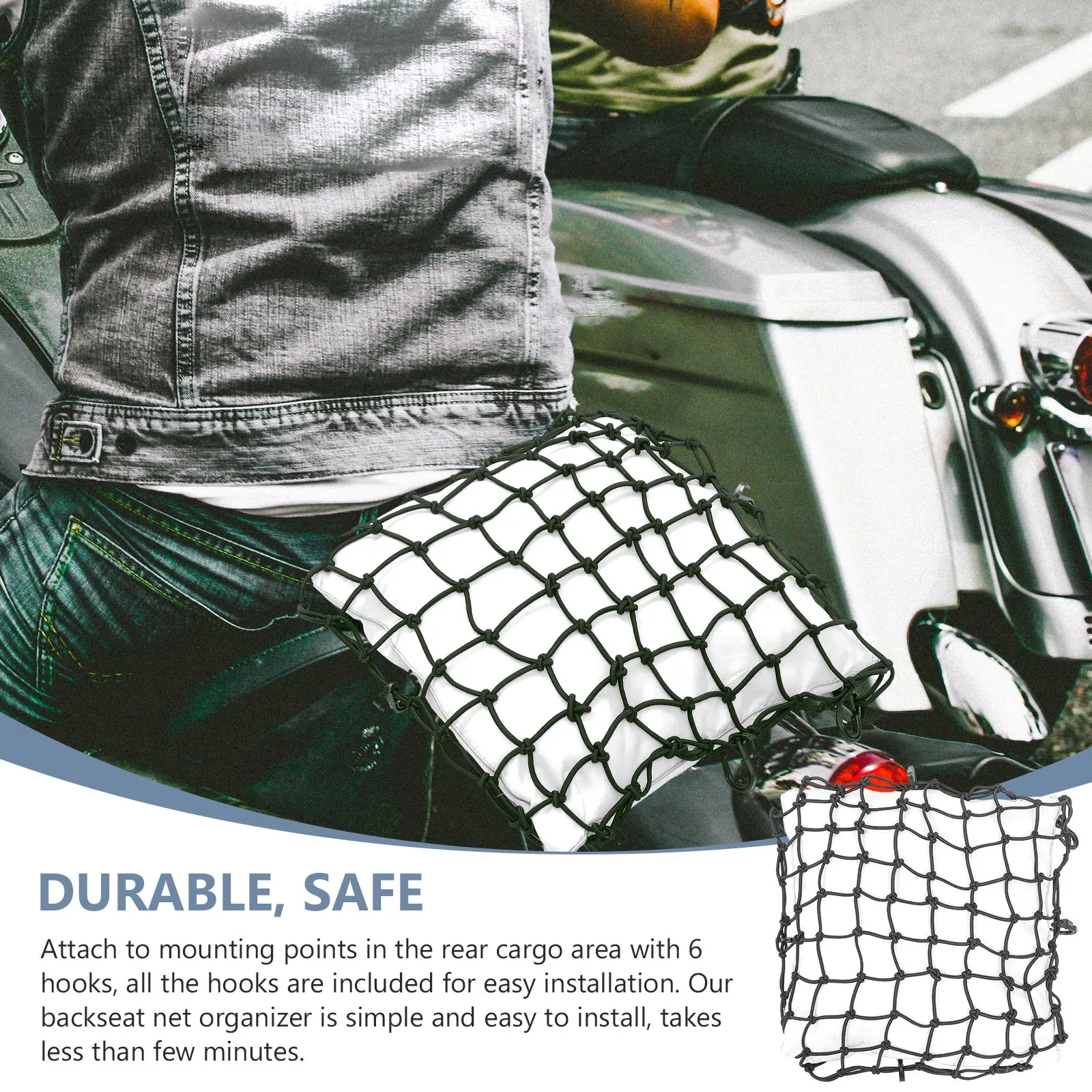 1Set Heavy Duty Stretchable Cargo Net for Car Backseat Rear Cargo Area Motorcycle Luggage Organizer Elastic Mesh Net with Hooks