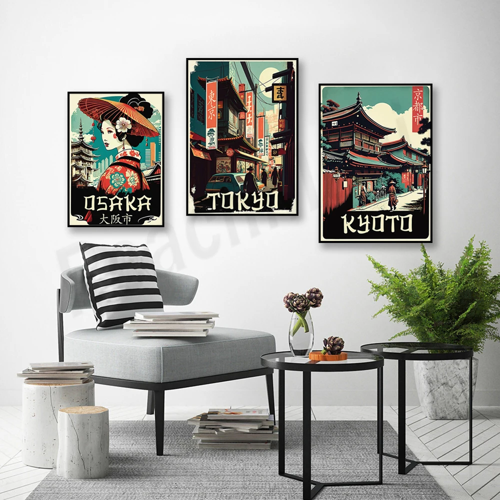 Vintage travel poster, Tokyo Osaka Kyoto city poster