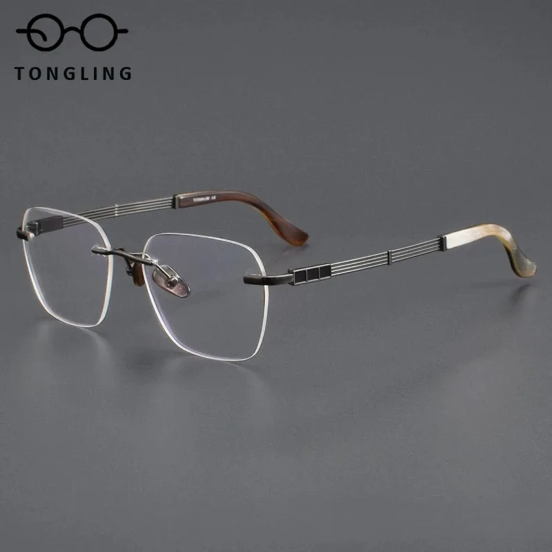 2026 Fashion Men Handcrafted Frameless Natural Buffalo Horn Glasses-High-End Luxury Titanium Alloy Polygonal Women Eyewear Frame