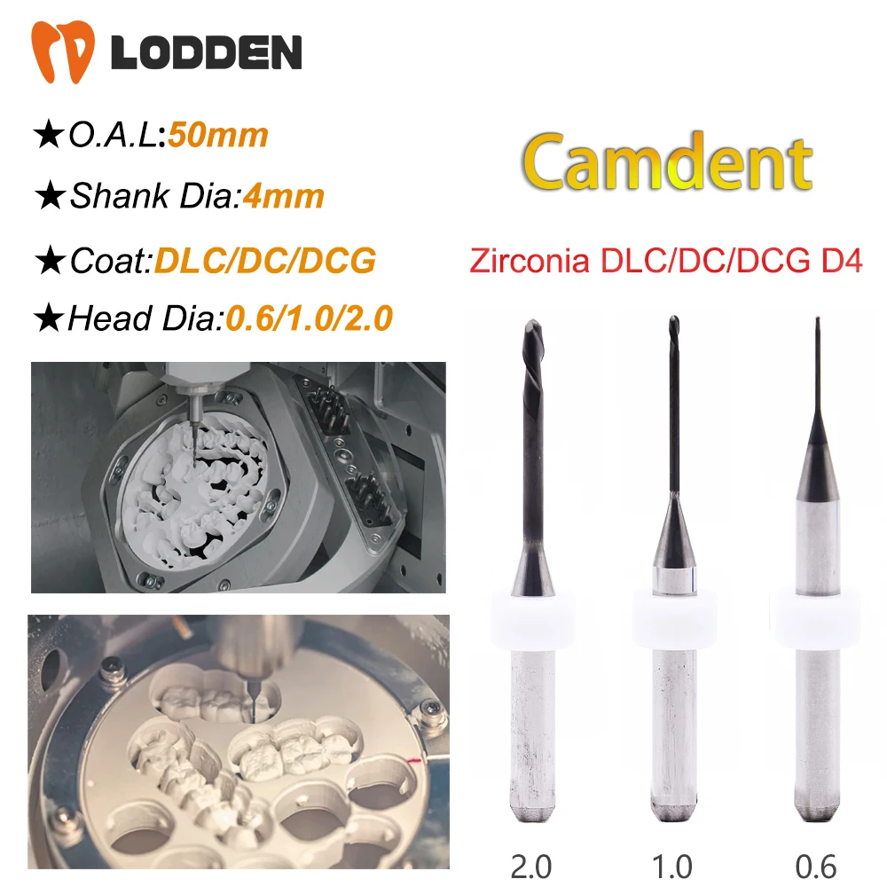 Camdent Zirconia Milling Burs DLC/DC/DCG Diamond Coating D4 Shank 50mm Length 0.6/1.0/2.0mm Camdent Dental Milling Burs