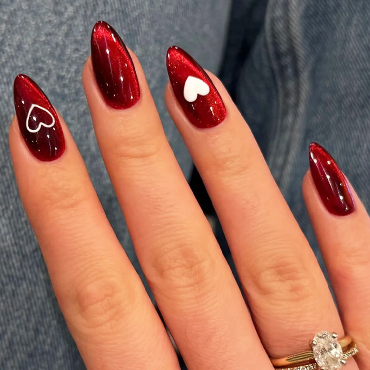 

24pcs/set Medium fake nails for wome girls New year red cat eyes heart bowknot design almond nail tips press on false nail art