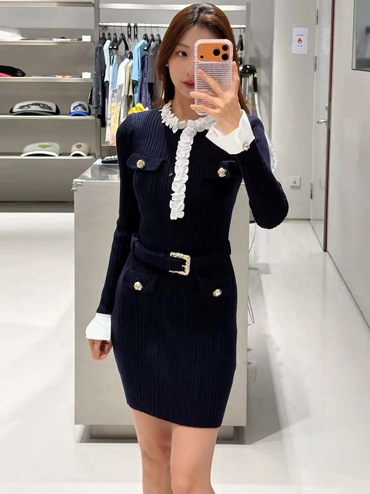 Lady Xiao Xiang Wind Long-Sleeved Knitted Dress - Lace Collar, Waist-Trimming Belt, A-line Skirt - 2026 Autumn New Style