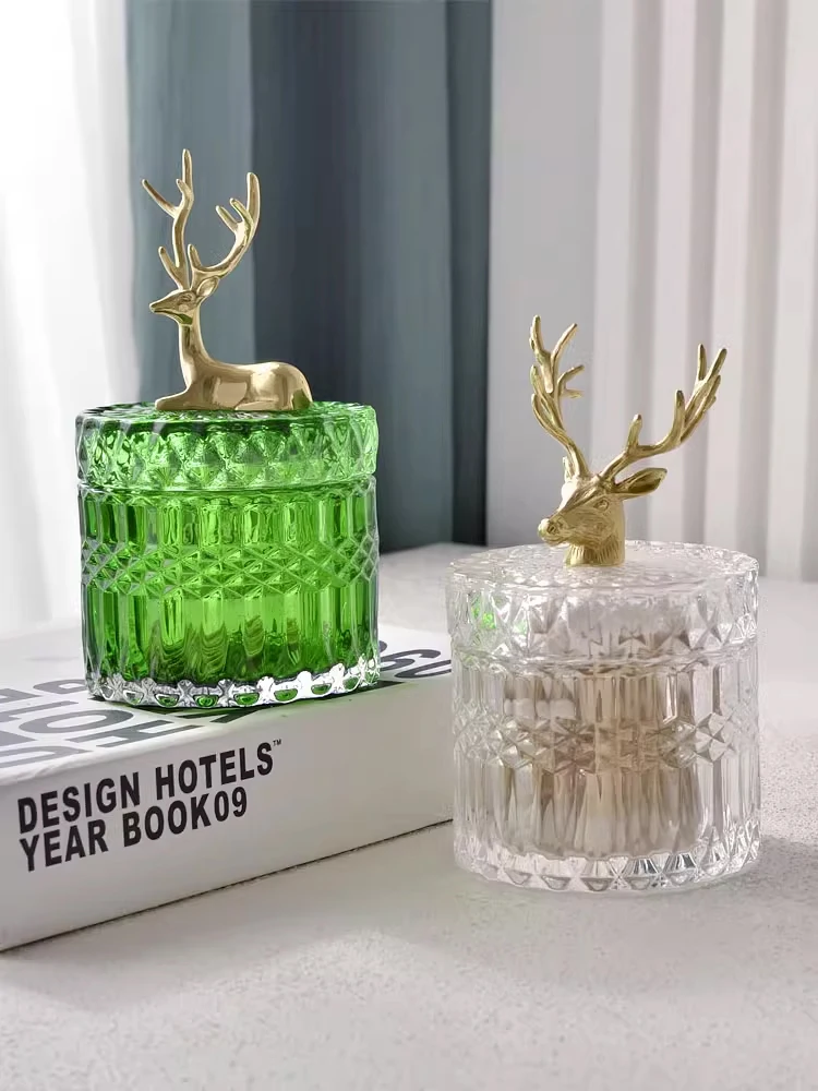 Household Glass Cotton Swabs Storage Jar Brass Animal Lid Upscale Toothpick Box with Lid Storage Box Living Room Decoration