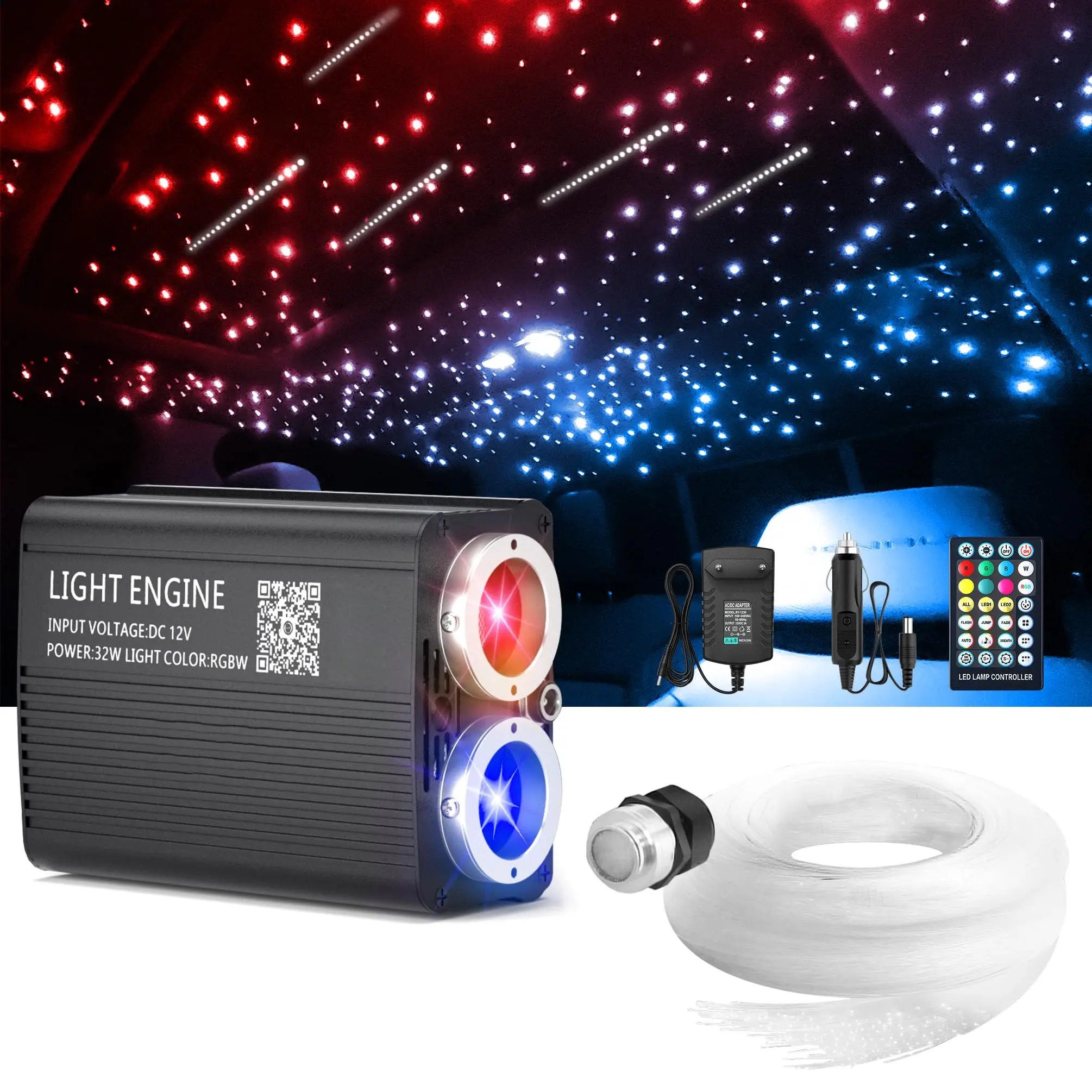 

32W Car Roof Star Light Kit RGB Fiber Optic Meteor Effect Starry Sky Headliner Ceiling Lamp APP Controlled Dual Port Star Lights