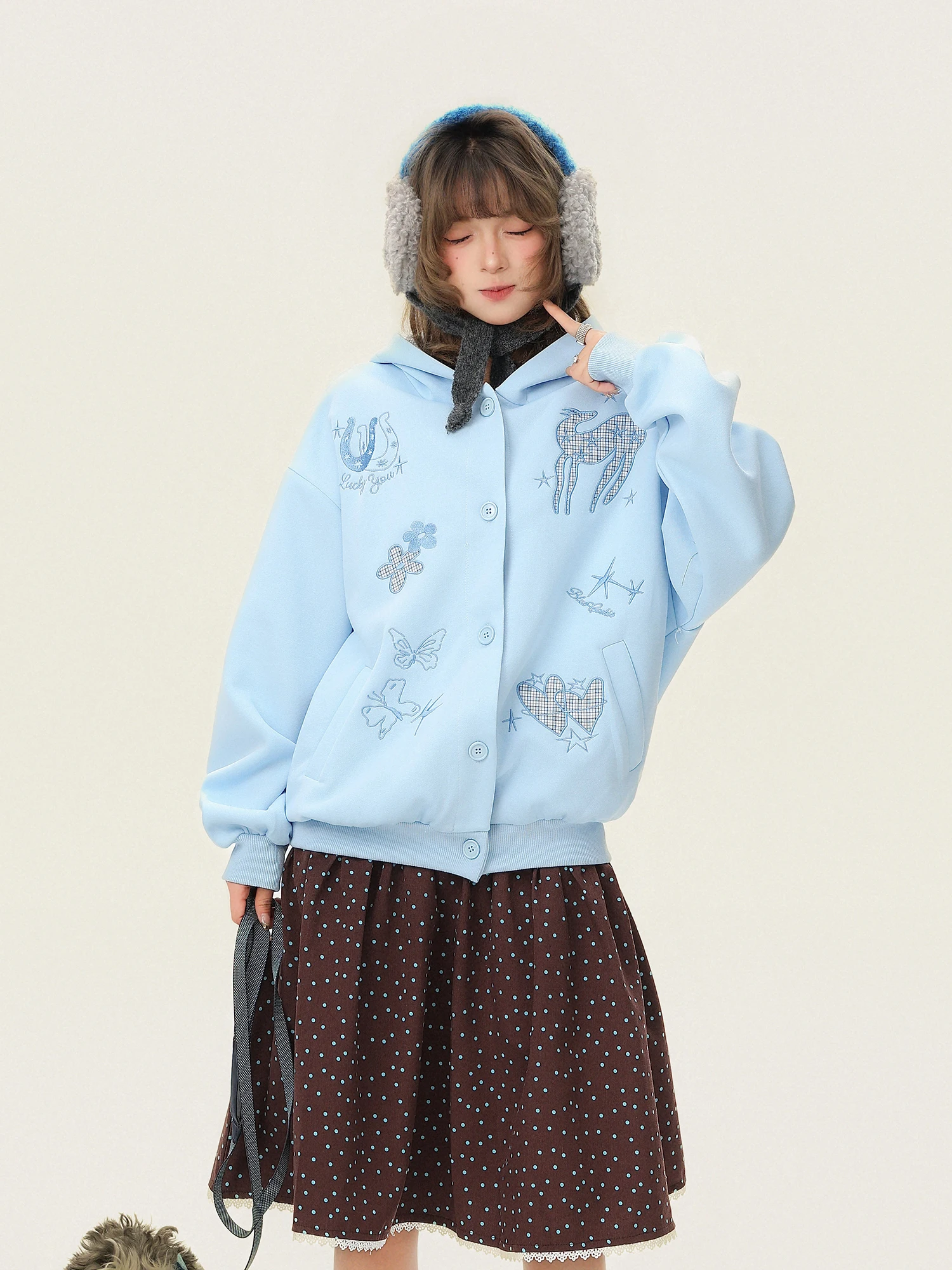 Early Spring Light Colored Sweet Plaid Embroidery Hoodie Women's Casual Loose Cardigan Outerwear PU Cookie Style Polyester - view 2