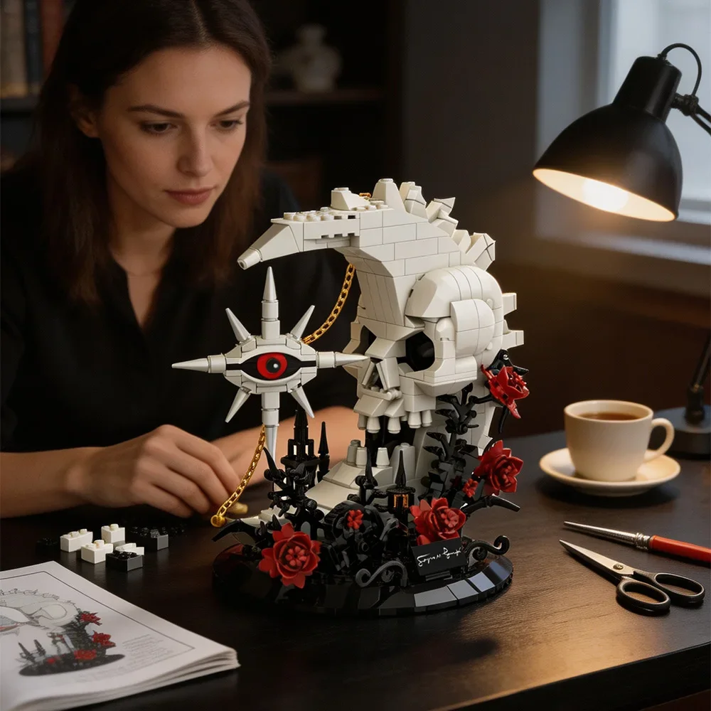 Gothic Skull Moon Stars Building Blocks Model MOC Skull Stars Moon Rose Potted Plant Bricks Creativity Assembly Toys Aldult Gift