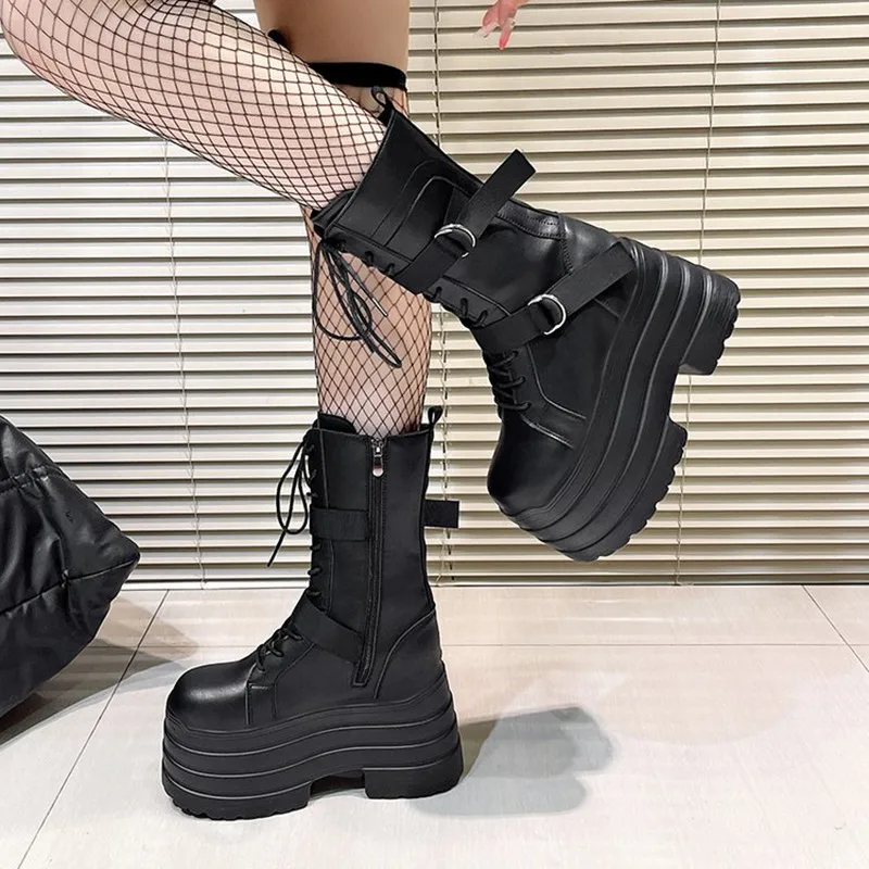 جديد 13 سنتيمتر منصة عالية الأحذية القوطية مشبك الخريف الشتاء أحذية من الجلد الشرير الشارع تأثيري منتصف العجل الأحذية دراجة نارية بوتاس Mujer