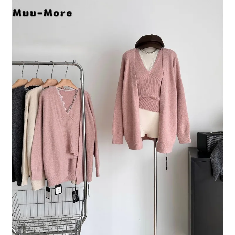 

Women Vintage Elegant Solid Color Knitting Long Sleeve V-neck Cardigans 2023 Winter Casual Fashion Single Breasted Loose Sweater