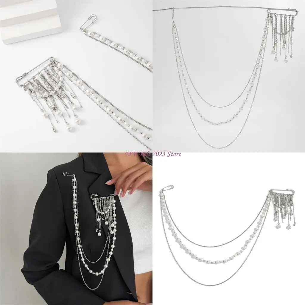 49ME Stylish Pearls And Chain Fringe Brooch Vintage Inspired Statement Jewelry Accessory For Dresses And Blouses