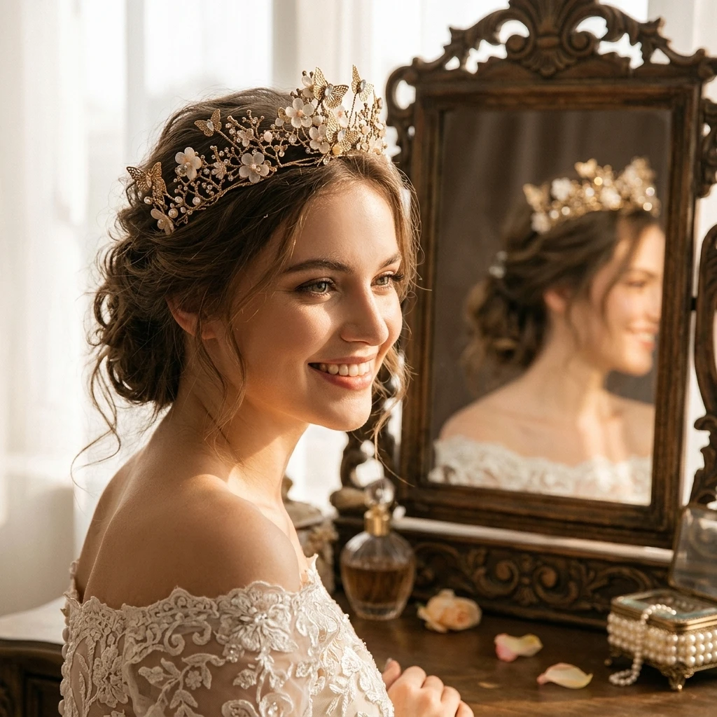 

Bridal Gold Crown Headpiece Baroque Style Butterfly Flower Hair Band