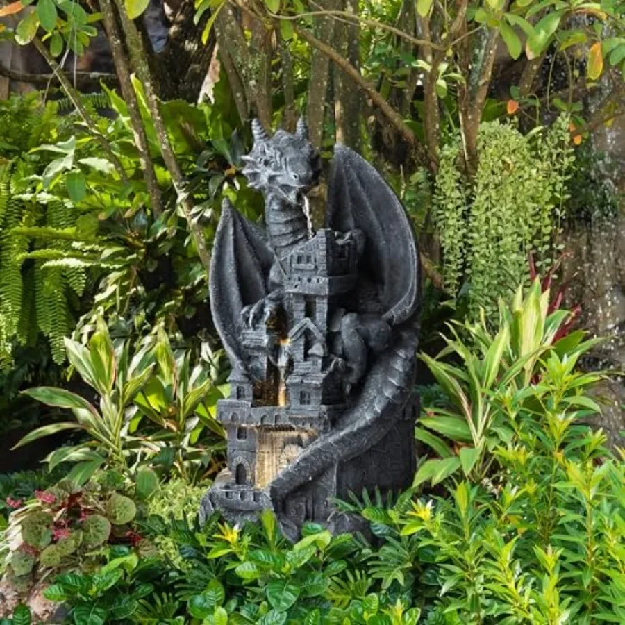Backyard patio decor: polyresin gothic dragon statue with 4-tier waterfall fountain, black finish, LED-lit dragon figurine