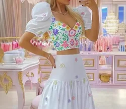 Floral Print Puff Sleeve Crop Top & Ruched Skirt Set Women New Fashion Elegant Sexy Casual Two Piece Suit Outfit 2024 Summer