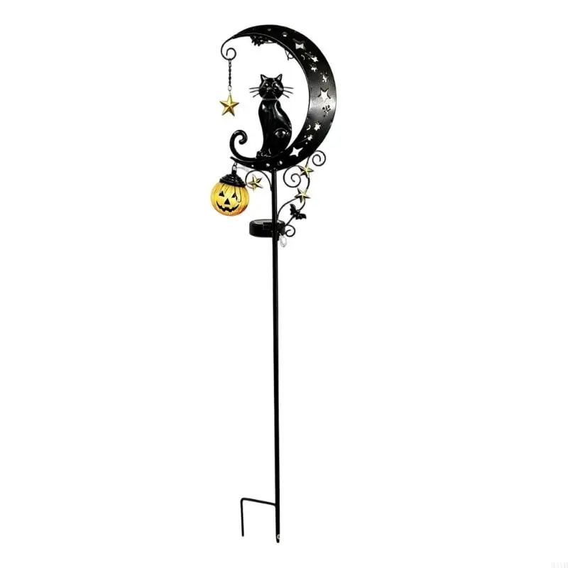 Halloween Solar Garden Stake Light, Moon Metal Yard Decor with Hanging Pumpkin Lantern for Lawn Walkway Entryway Seasonal M4YD