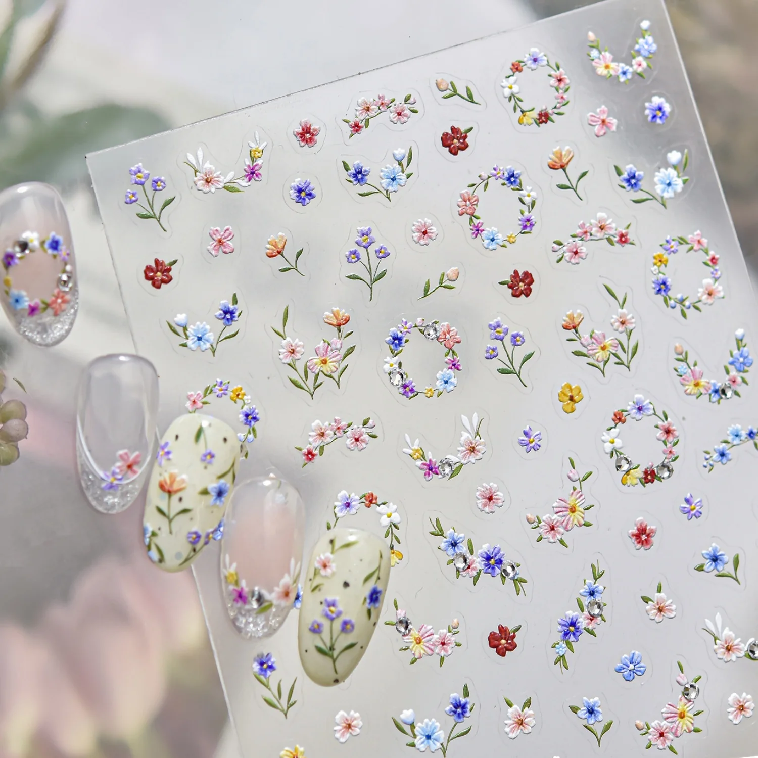 1pcs 5D Mini Wild Flowers Red Blue Pink Yellow White Little Bee Nail Art Stickers Fresh Forest Tiny Flowers Embossed Nail Decals