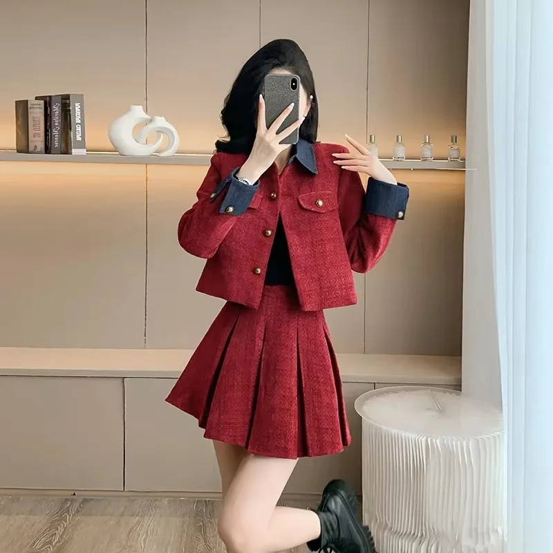 Vintage Ladies High Quality Tweed 2 Piece Set for Women French Small Fragrance Jackets Coat + Pleated Skirt College Style Outfit