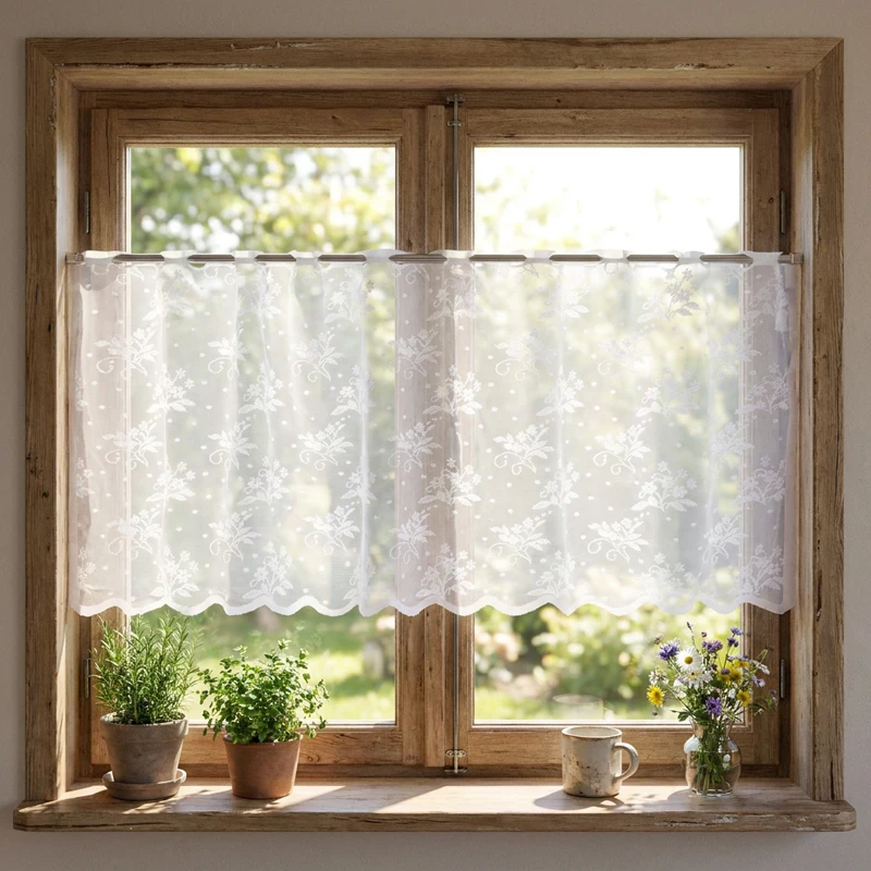 1pc Fresh Rural Floral Bouquet Lace Curtains Wavy Bottom Hem Short Bay Window Curtains Home Decorative Window Treatments