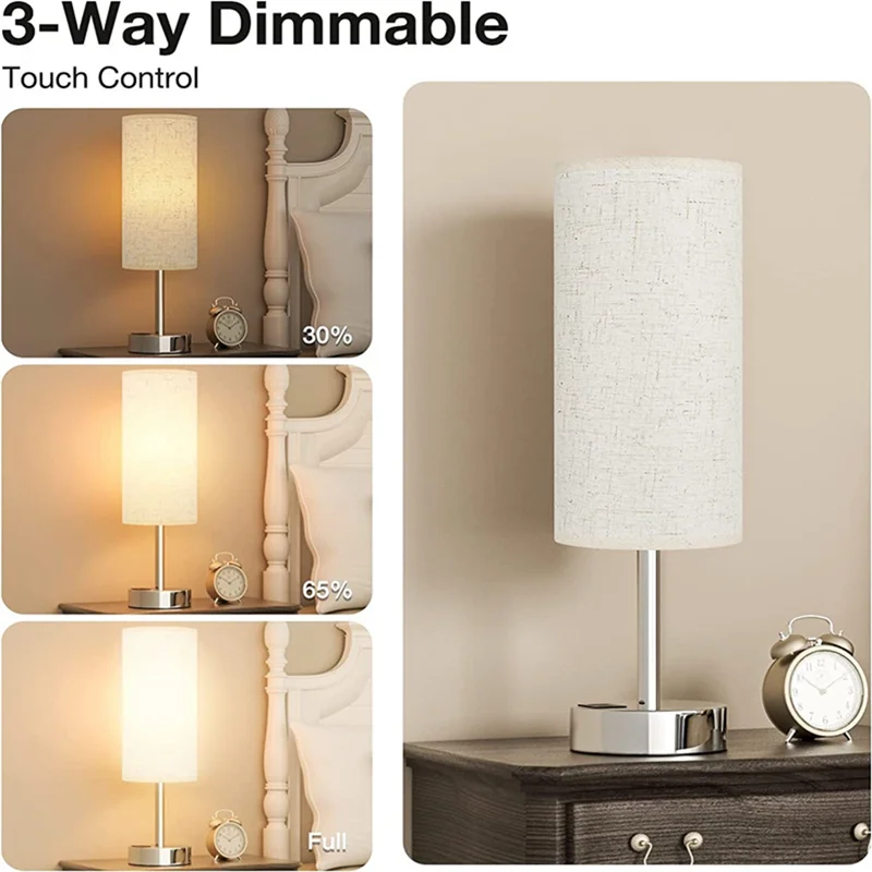 

AB46-Bedside Table Lamp Touch Control Writing Lamps With USB-C USB-A Charging Port USB Lamp Lampshade Study
