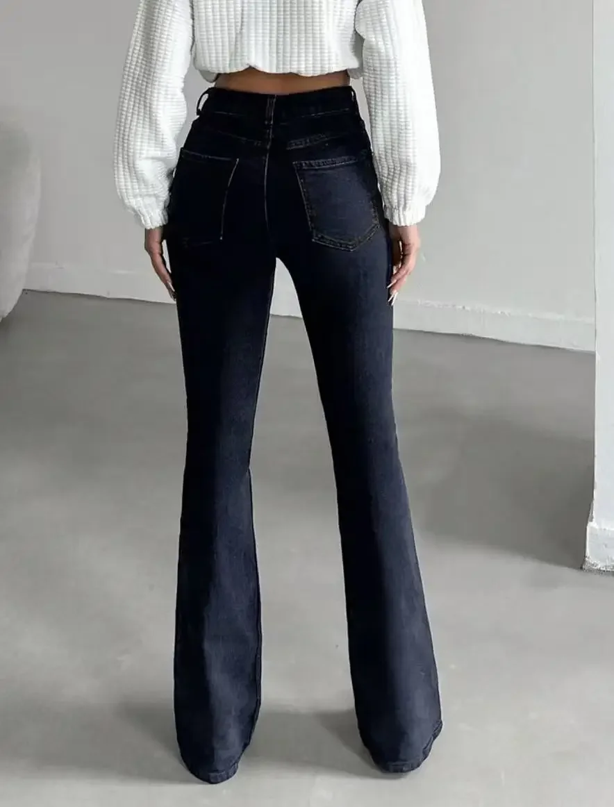 Dark Blue High-Waisted Flare Jeans with High Elasticity, Slim-Fit Cut to Accentuate a Slender Figure and Elongate the Silhouette