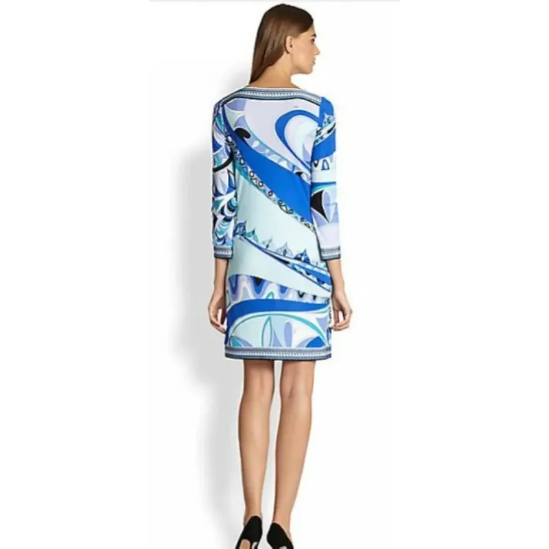 

2024 New Runway High Street Fashion Women's Long Sleeve Blue Print Signature Knee Length Day dress Jersey Silk Tunic Dress