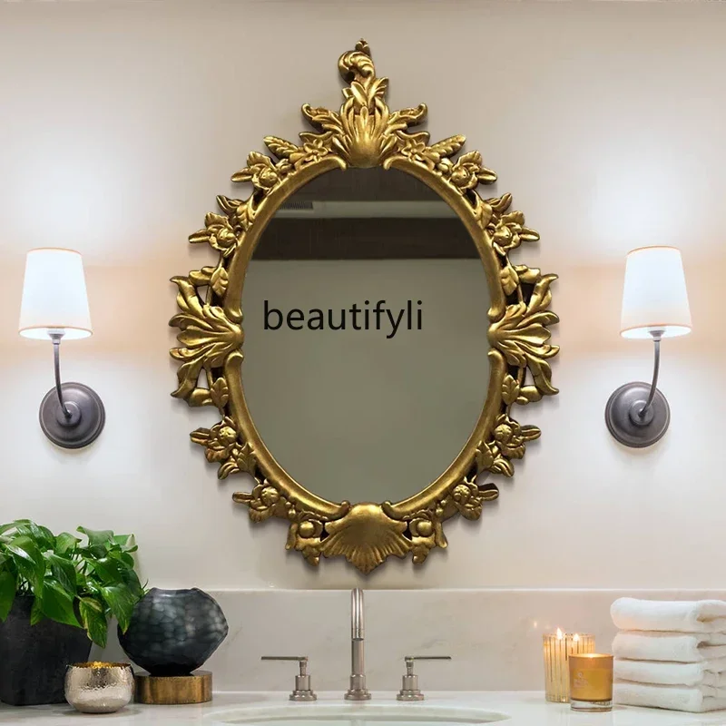 NQ Luxury carved mirror wall hanging porch fireplace phoenix mirror French wall hanging bathroom defogging LED bathroom mirror