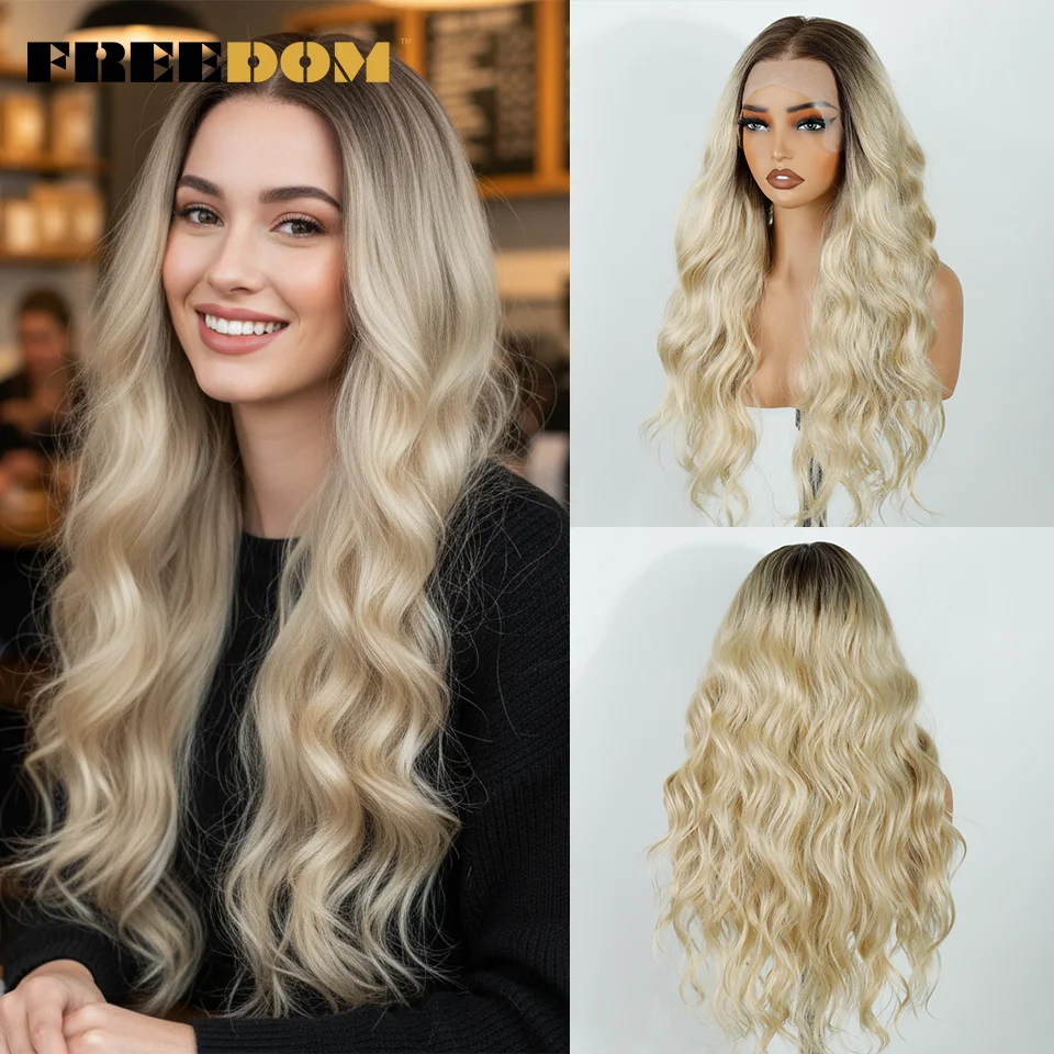 FREEDOM Synthetic Lace Frontal Wigs For Women 26 Inch Long Loose Body Wave Wig Cosplay Ombre Blonde Wig 360 Lace Frontal Wigs