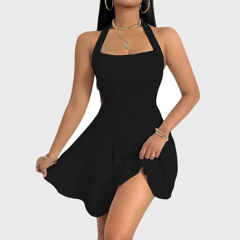 

Fashion Sexy Neckline Sleeveless Mini Dress for Women Casual Summer Sea Beach Backless One-piece Dress Black Women's Clothing