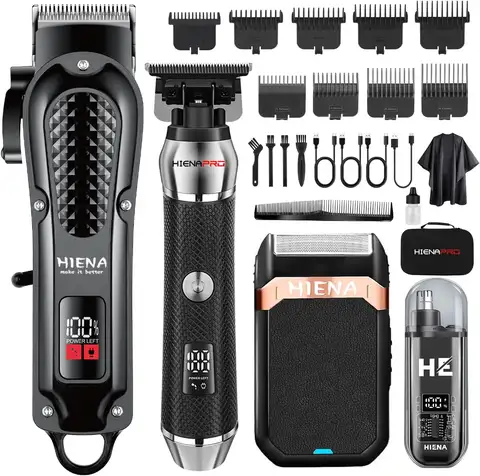 Professional Cordless Hair Clippers Set for Men with T-Blade Trimmer, Foil Shaver, and Nose Trimmer - Rechargeable Grooming Kit