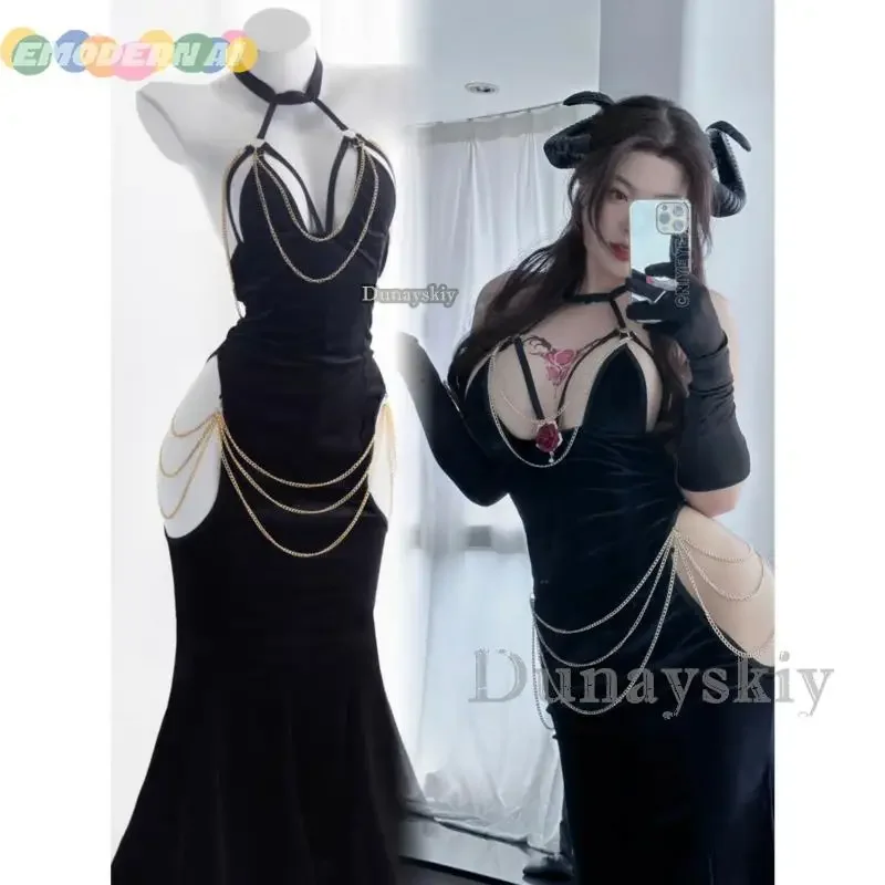 Overlord Albedo Cosplay Anime Costumes Glove Dress Wrapped Hip Open Crotch Fish Tail Skirt Black Halloween Girl Costumes