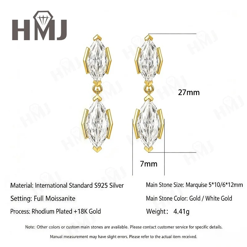 Ohrstecker 925 Sterling Silber Marquise-Schliff Moissanit Vielseitiges Minimalistisches Design Täglicher Gebrauch Einfache Jubiläumsgeschenke Anhänger – Detail 3