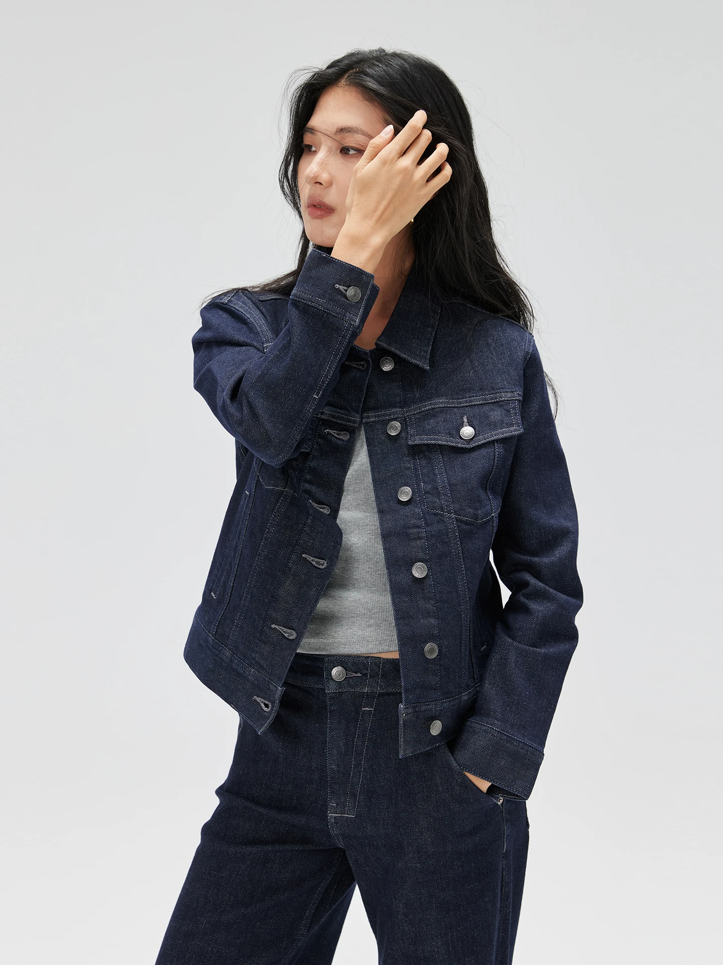 

No.93 Retro Waed Original Jeans Deep Blue oulder ort Denim Jaet Women's 2025 New Long Sve Top Jaet Cotton Blend