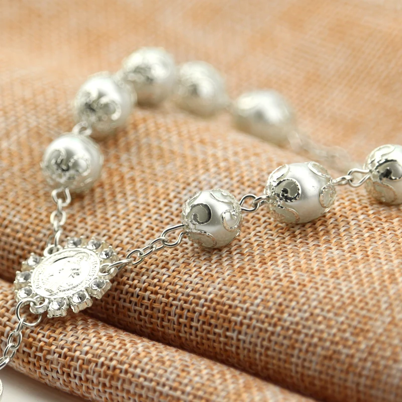 Exquisite Imitation Pearl Catholic Rosary Catholic Communion Silver Wings Cross Pendant Cross Bracelet Ornament Gift