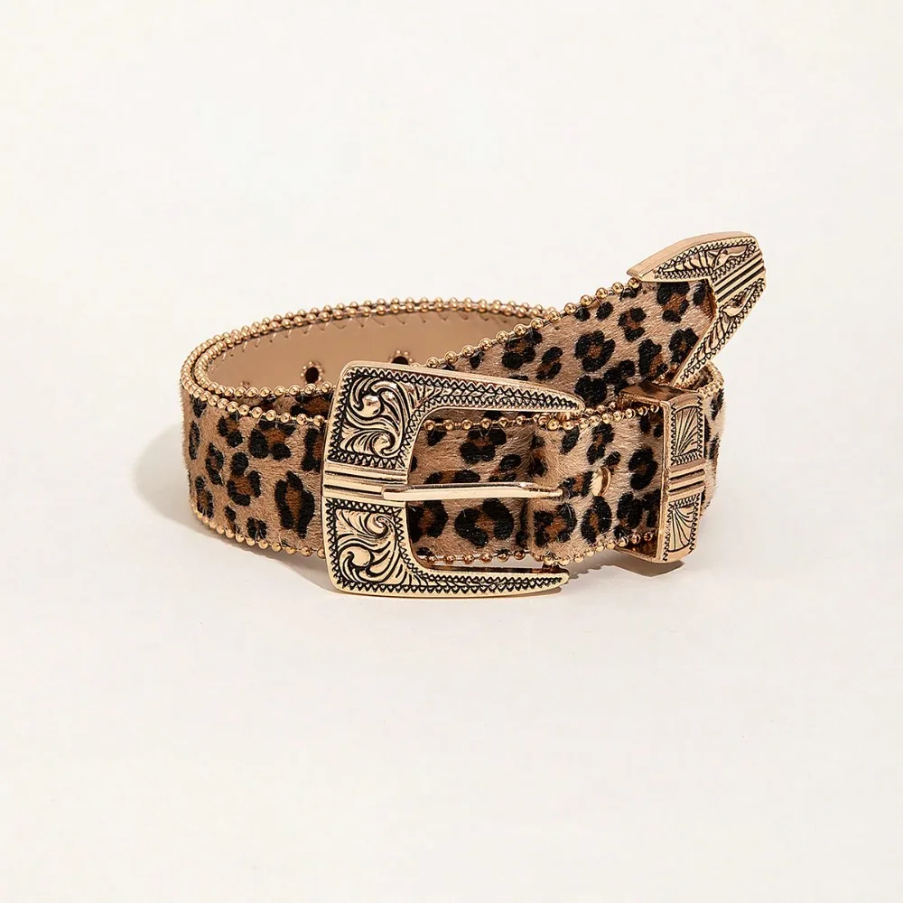 1 Piece Western Style Three Piece Set Carved Leopard Print Car Edge Bead Women's Belt