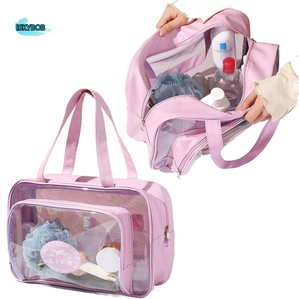 

Large Capacity Portable Cosmetic Bag Transparent Waterproof Toiletry Storage Pouch Wet and Dry Separation Large Opening