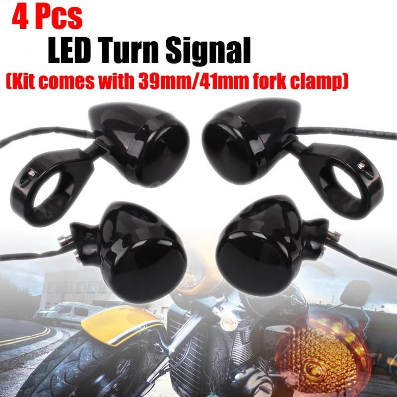 4Pcs Motorcycle Front Rear Fork Clamp LED Turn Signal Lights For Harley 39mm/41mm Indicator Lamps