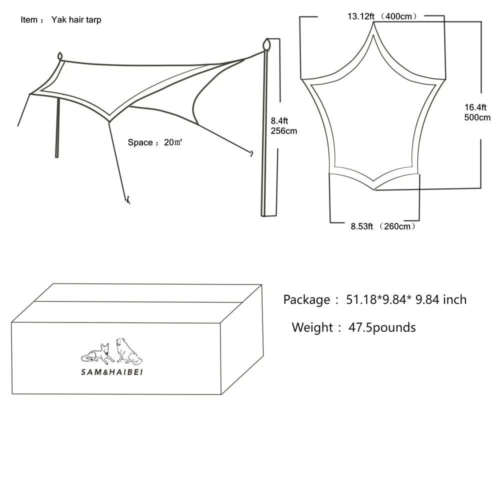 Teli impermeabili resistenti Capelli di yak Alta resistenza al sole con bordi rinforzati con palo in legno Protezione dell'acqua a doppio strato