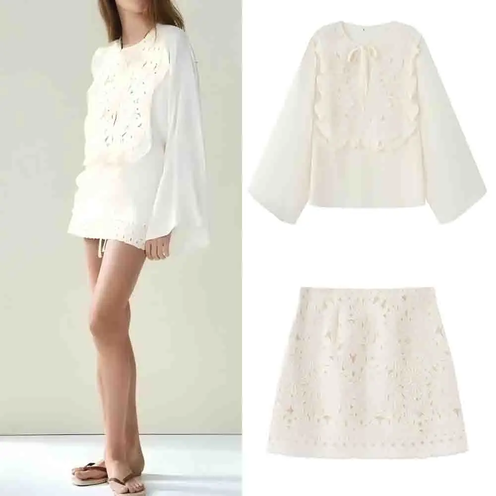 

Women's new fashion casual O-Neck hollow embroidery shirt long sleeved lace up women's shirt chic top+Skirts suit