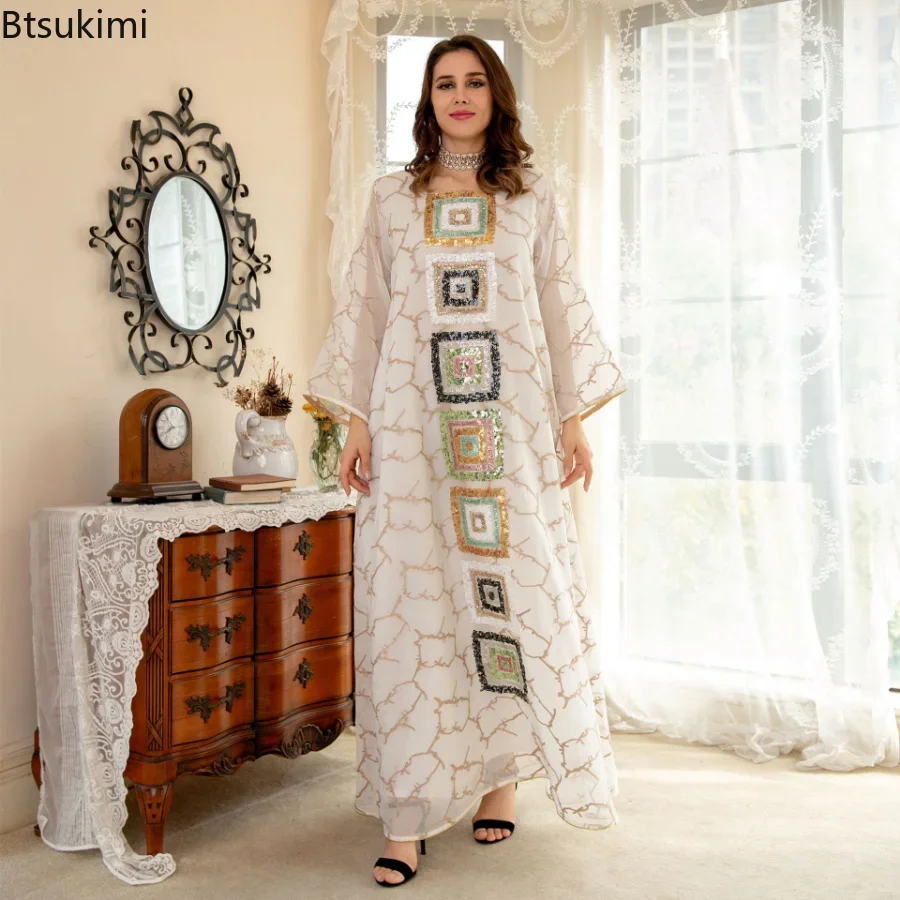 2024 Siskakia Arabic Sequin Embroidery Abaya Dress for Woman Eid Caftan Marocain Dresses White Muslim Ramadan Islamic Clothes