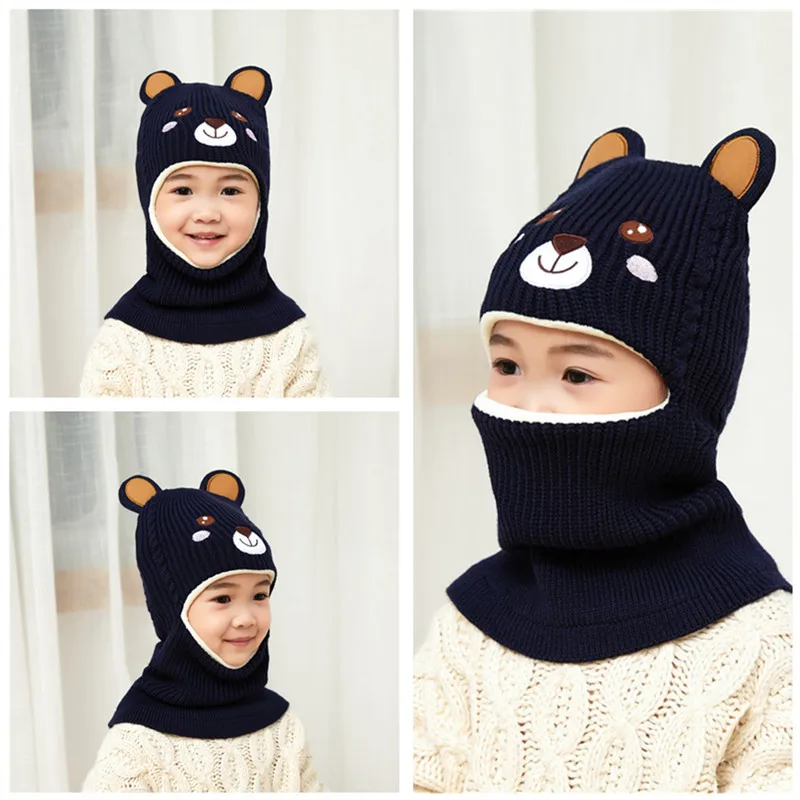 New Cartoon Bear Winter Baby Hat for Boys Plus Velvet Kids Hooded Cap Baby Girls Hat Children Beanie Cap Warm Toddler Bonnets