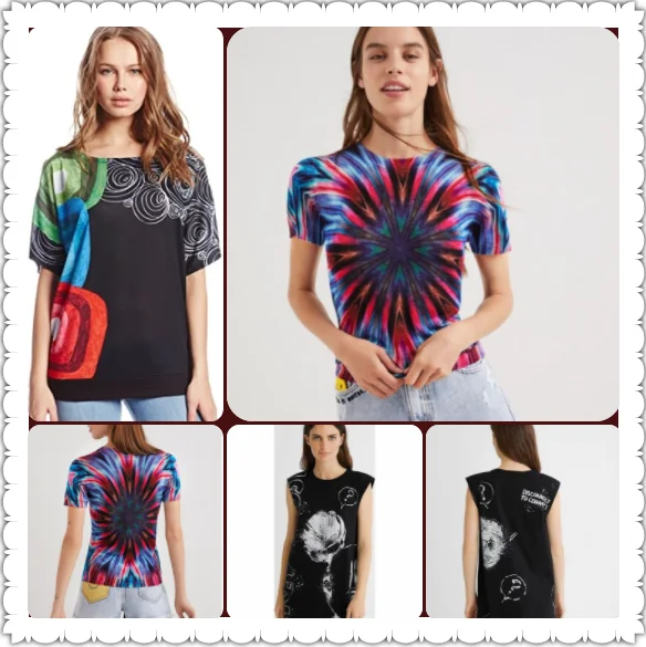 

Spain new women's round collar knit printed short sleeve slim hot summer T-shirt fabric comfortable