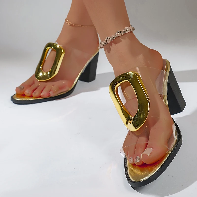 

Metal Decor Transparent PVC Sandals Women 2026 Summer Luxury Gold High Heel Sandals Woman Pointed Toe Chunky Heeled Party Shoes