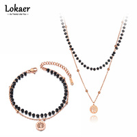 Lokaer Titanium Stainless Steel Black Crystal Tree Charm Pendant Necklaces Bohemia Double Layer Chain Bracelet For Women SE105