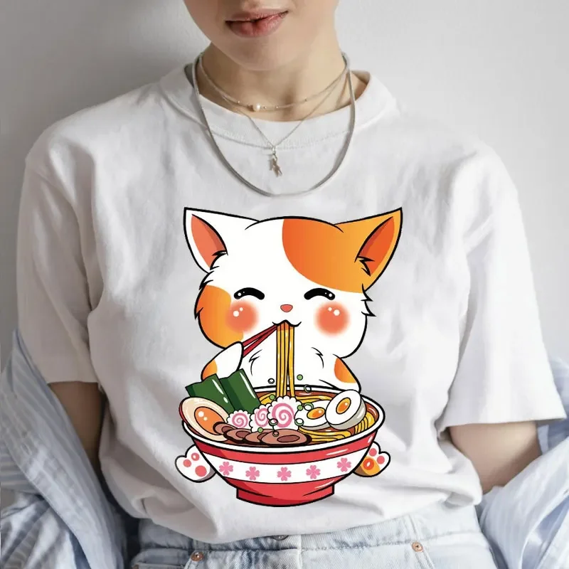 Anime T-shirts for Women Japanese Anime Tshirts Korean Noodle Tee Shirts Cute Ramen Kitten Graphic T Shirts Top